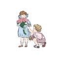 Cute little boy gives flowers girl.